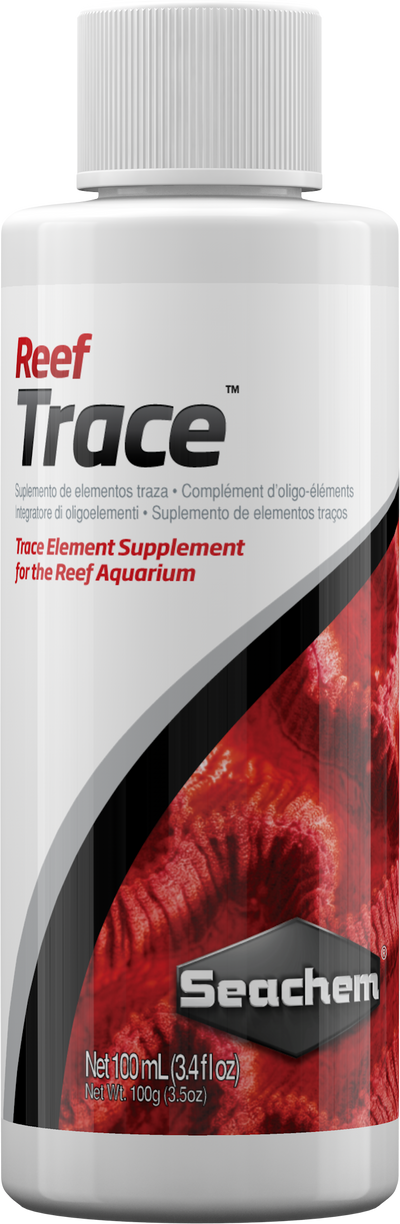 Seachem Reef Trace bottle front, broad-range trace element supplement for reef aquariums