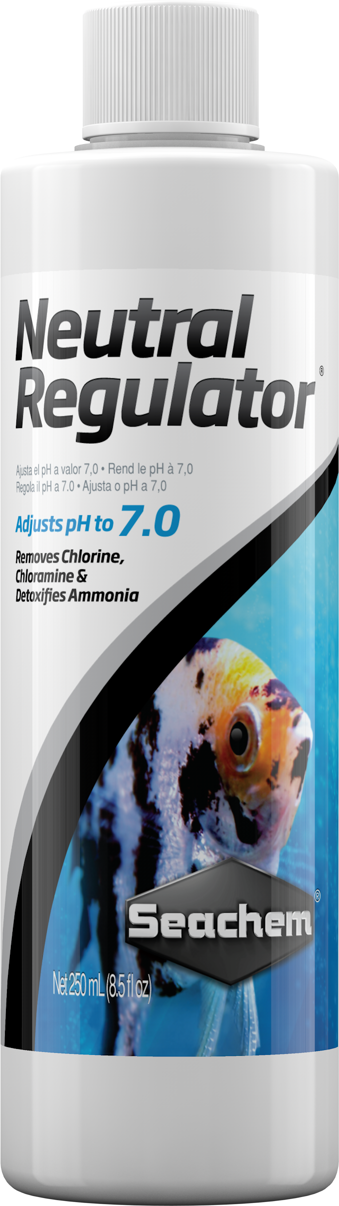 Seachem Liquid Neutral Regulator 250 mL bottle, freshwater pH 7.0 buffer, front label
