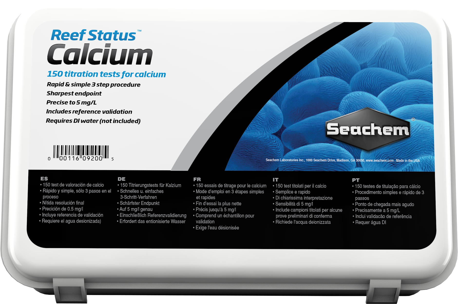 Seachem Reef Status Calcium test kit box, 150 titration tests for reef aquarium calcium