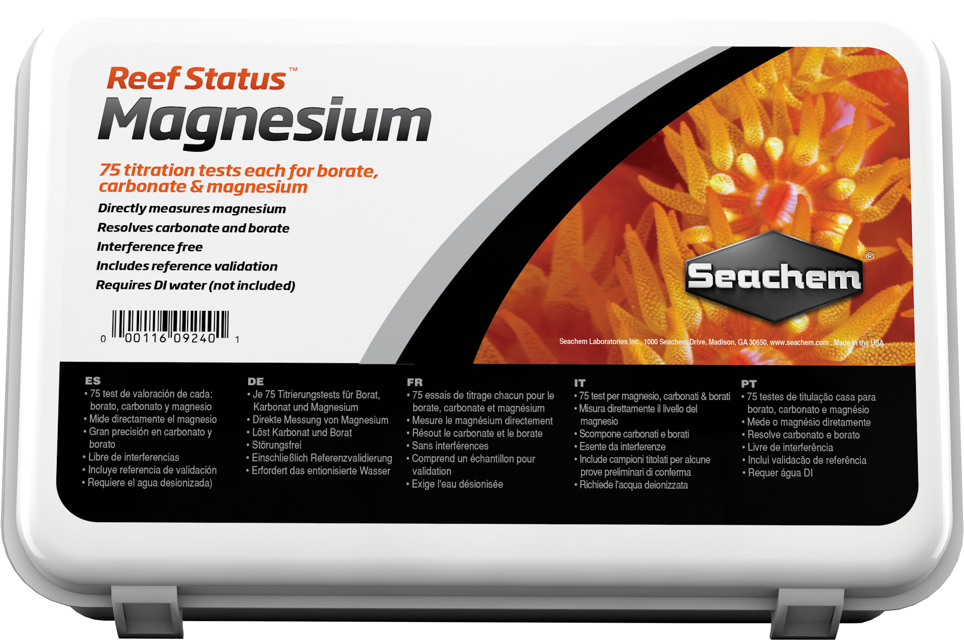 Seachem Reef Status Magnesium test kit box, 75 titration tests each for magnesium, carbonate, and borate in reef aquariums