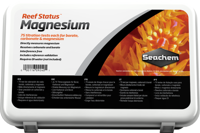 Seachem Reef Status Magnesium test kit box, 75 titration tests each for magnesium, carbonate, and borate in reef aquariums