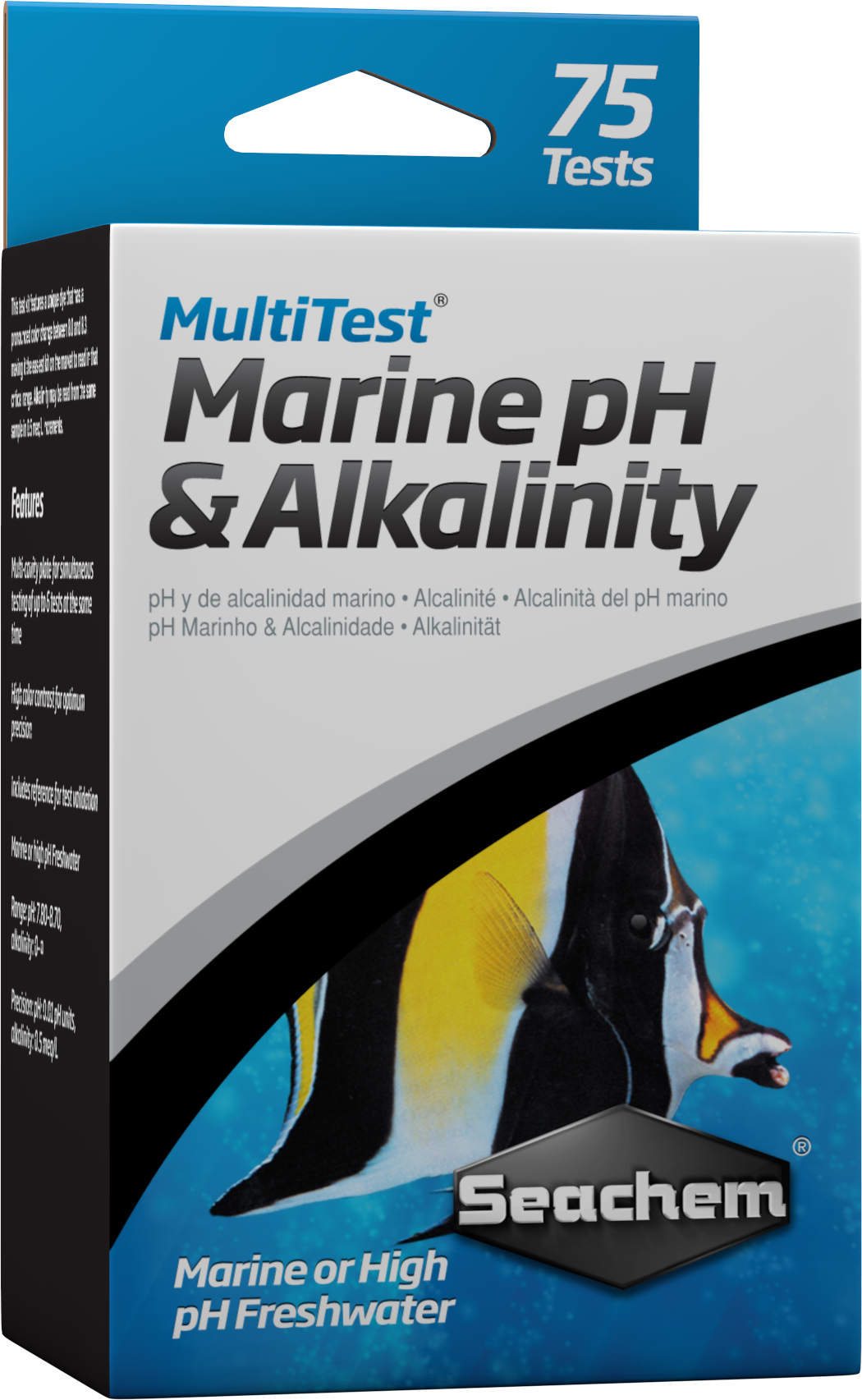Seachem MultiTest Marine pH and Alkalinity test kit box, 75 tests for marine and high pH freshwater aquariums