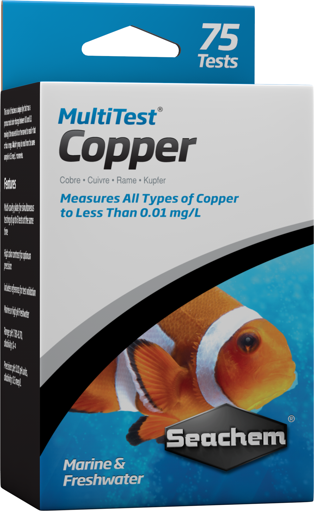 Seachem MultiTest Copper test kit box, 75 tests measuring all copper types to under 0.01 mg/L in freshwater and marine aquariums