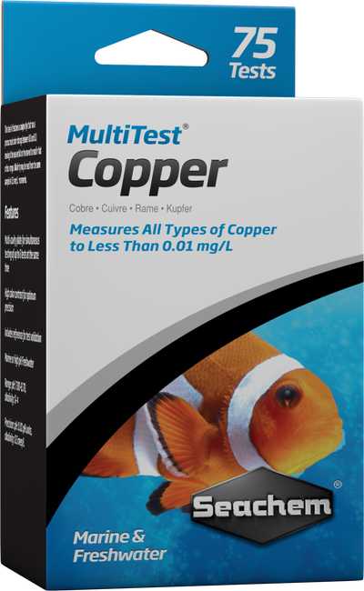 Seachem MultiTest Copper test kit box, 75 tests measuring all copper types to under 0.01 mg/L in freshwater and marine aquariums