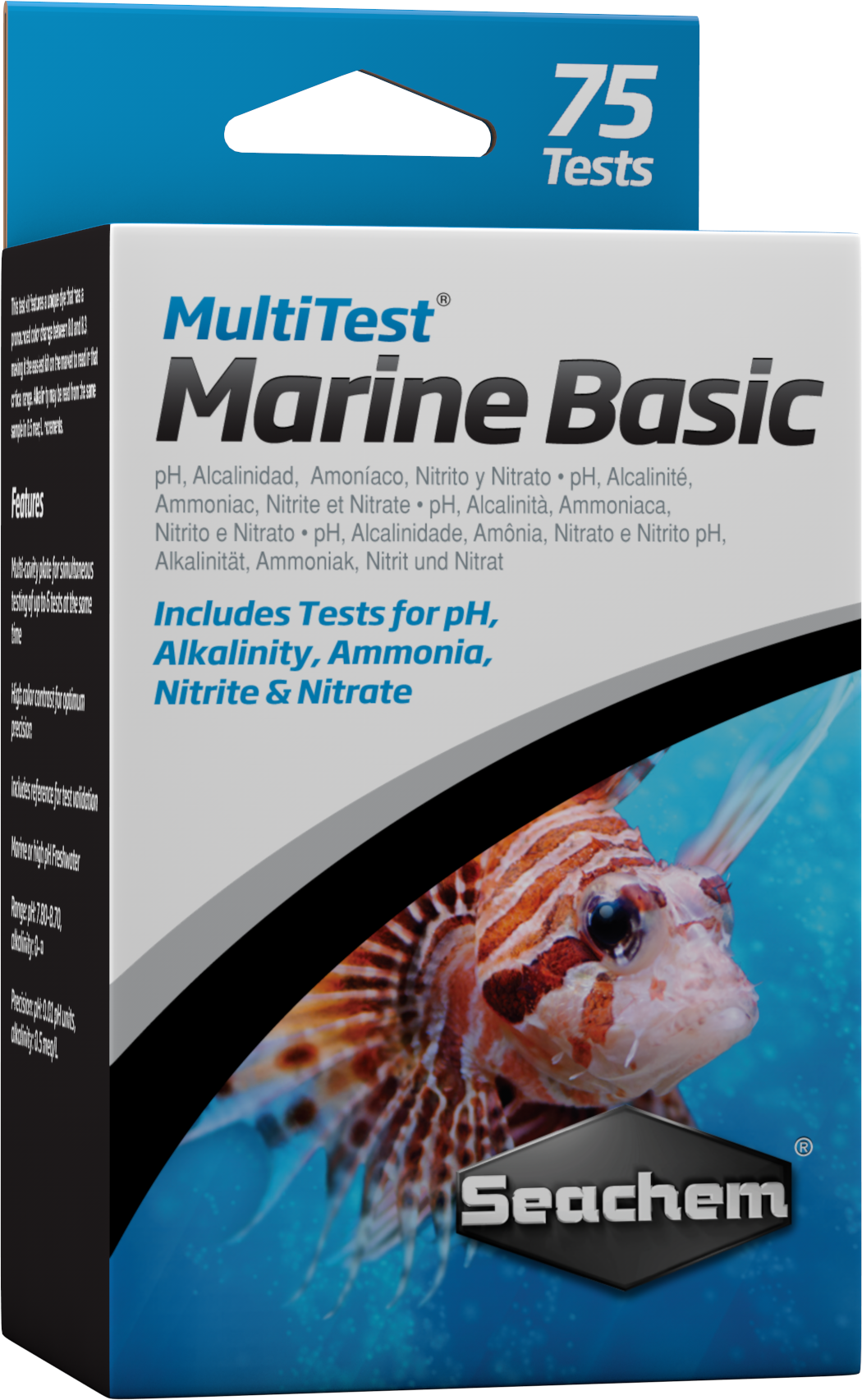 Seachem MultiTest Marine Basic test kit box, 75 tests for pH, alkalinity, ammonia, nitrite, and nitrate in saltwater aquariums