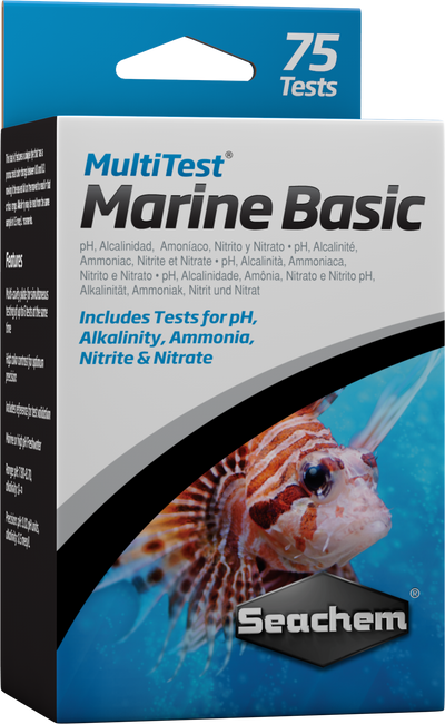 Seachem MultiTest Marine Basic test kit box, 75 tests for pH, alkalinity, ammonia, nitrite, and nitrate in saltwater aquariums