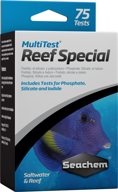 Seachem MultiTest Reef Special test kit box, 75 tests for phosphate, silicate, and iodide in reef aquariums
