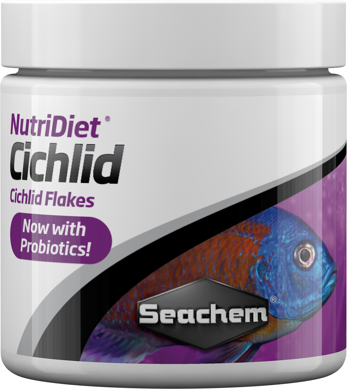 Seachem NutriDiet Cichlid Flakes probiotic fish food container