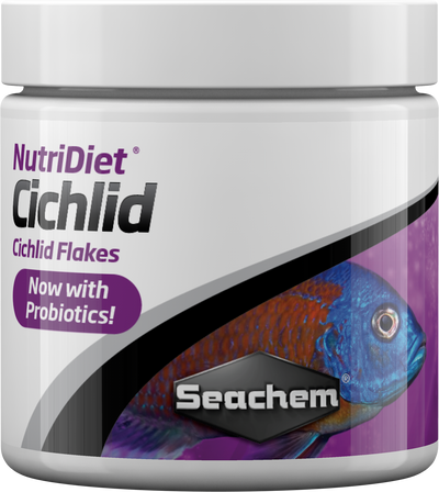 Seachem NutriDiet Cichlid Flakes probiotic fish food container