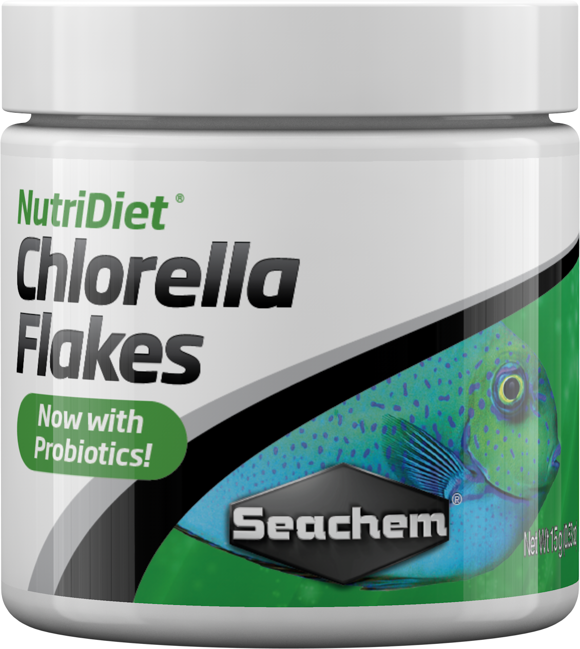 Seachem NutriDiet Chlorella Flakes with Probiotics 15g jar - fortified algae fish food for freshwater and marine community fish