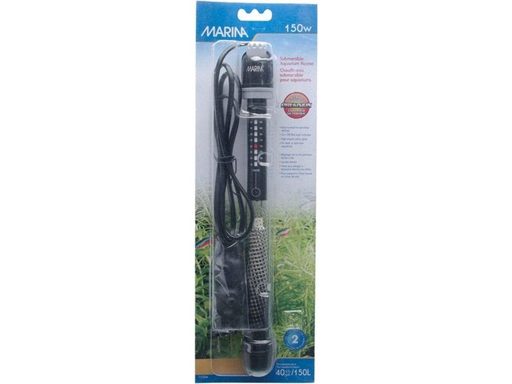 Marina Submersible Aquarium Heater 150W 10.5 inch in packaging, fully submersible glass heater with temperature control for fresh or saltwater tanks up to 40 gallons