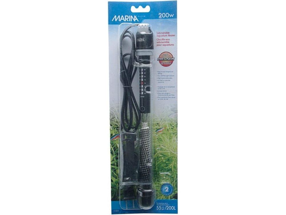 Marina Submersible Aquarium Heater 200W 10.5 inch in packaging, fully submersible glass heater with temperature control for fresh or saltwater tanks up to 55 gallons