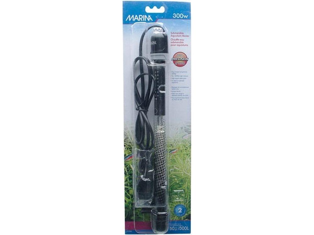 Marina Submersible Aquarium Heater 300W 10.5 inch in packaging, fully submersible glass heater with temperature control for fresh or saltwater tanks up to 80 gallons
