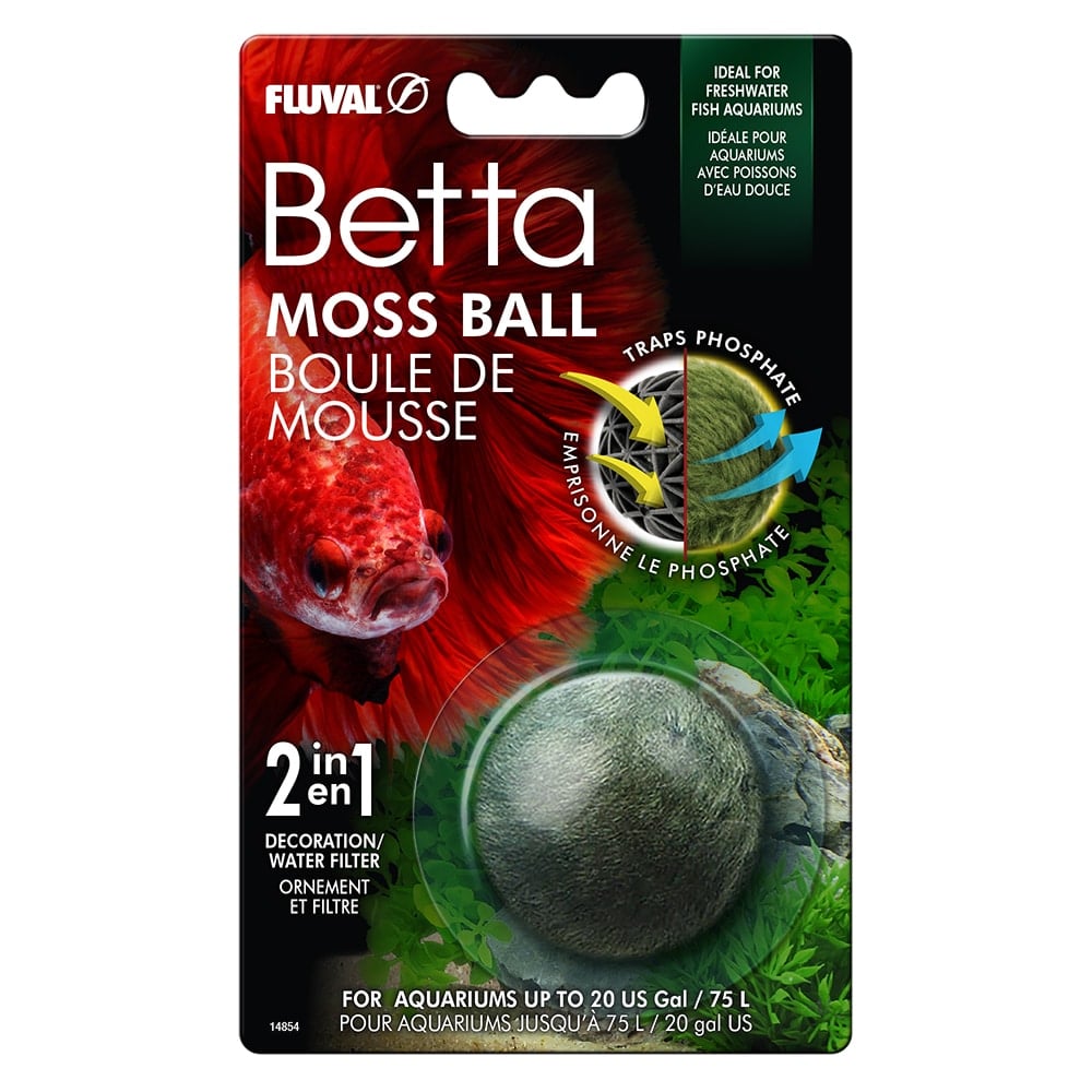 Fluval Betta Moss Ball package showing the 2-in-1 decoration and phosphate-trapping filter