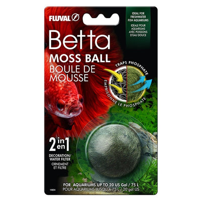 Fluval Betta Moss Ball package showing the 2-in-1 decoration and phosphate-trapping filter