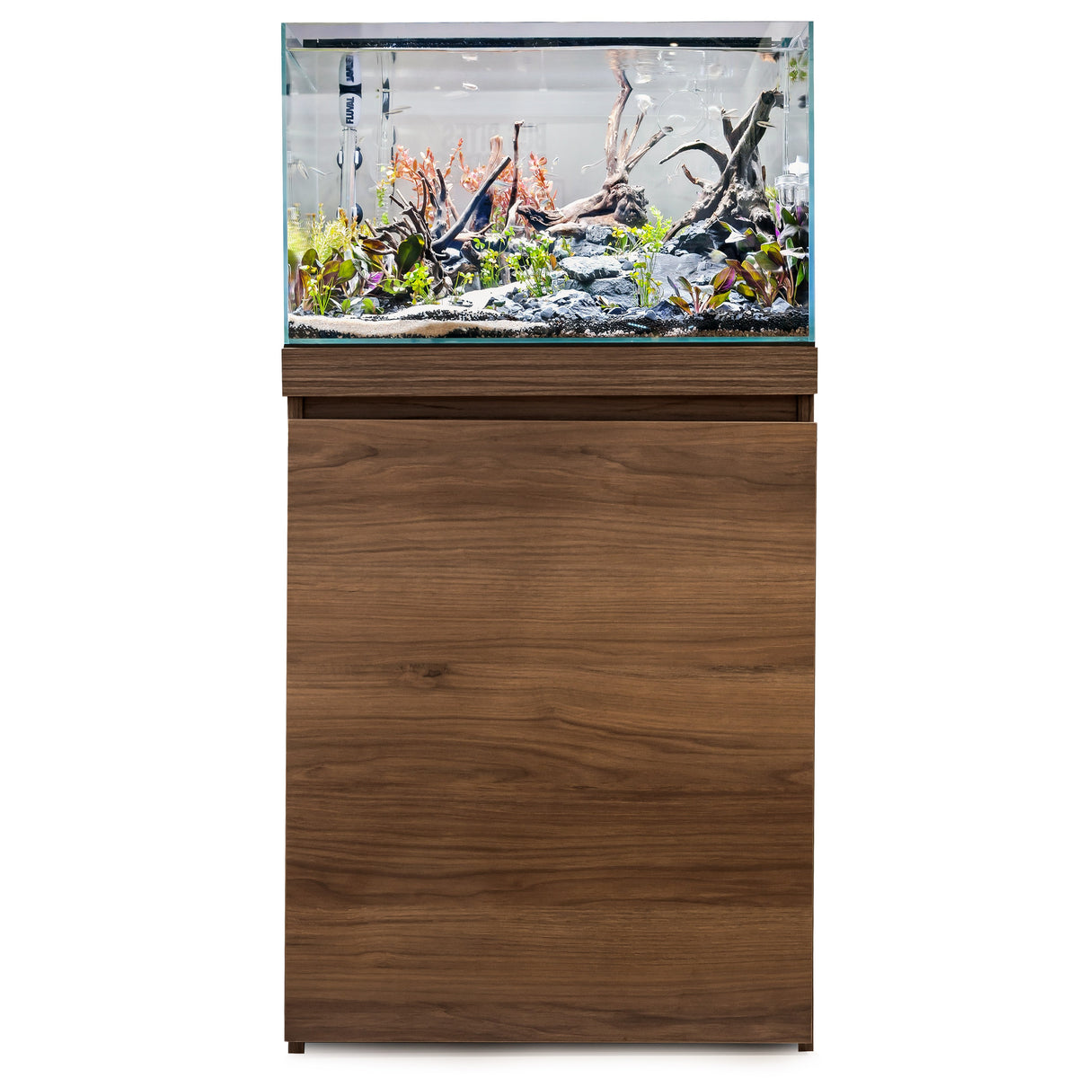 Walnut 60P cabinet shown with an aquascaped Visi-White 60P aquarium, sold separately