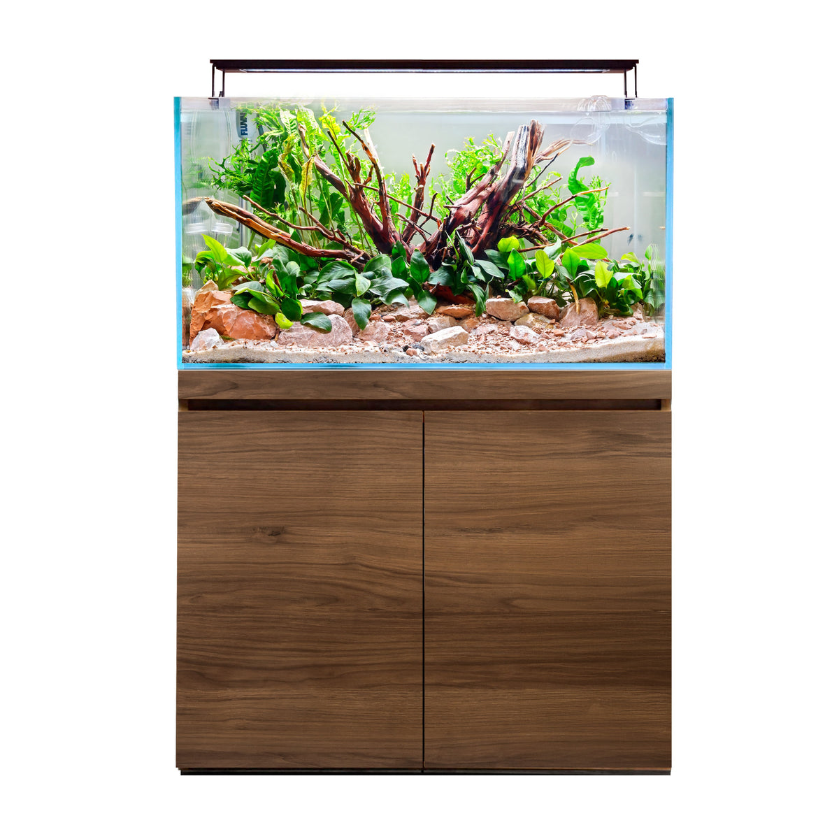 Walnut 90P cabinet shown with an aquascaped Visi-White 90P aquarium and light, both sold separately