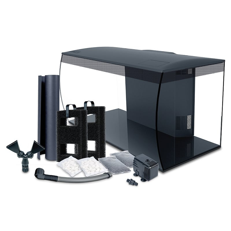 Fluval Flex 32.5 aquarium with included circulation pump, filter foam, BioMax media, and output nozzles