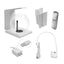 Fluval Liv white components: base with pump, glass bowl, filter cartridges, LED arm, and USB power adapter