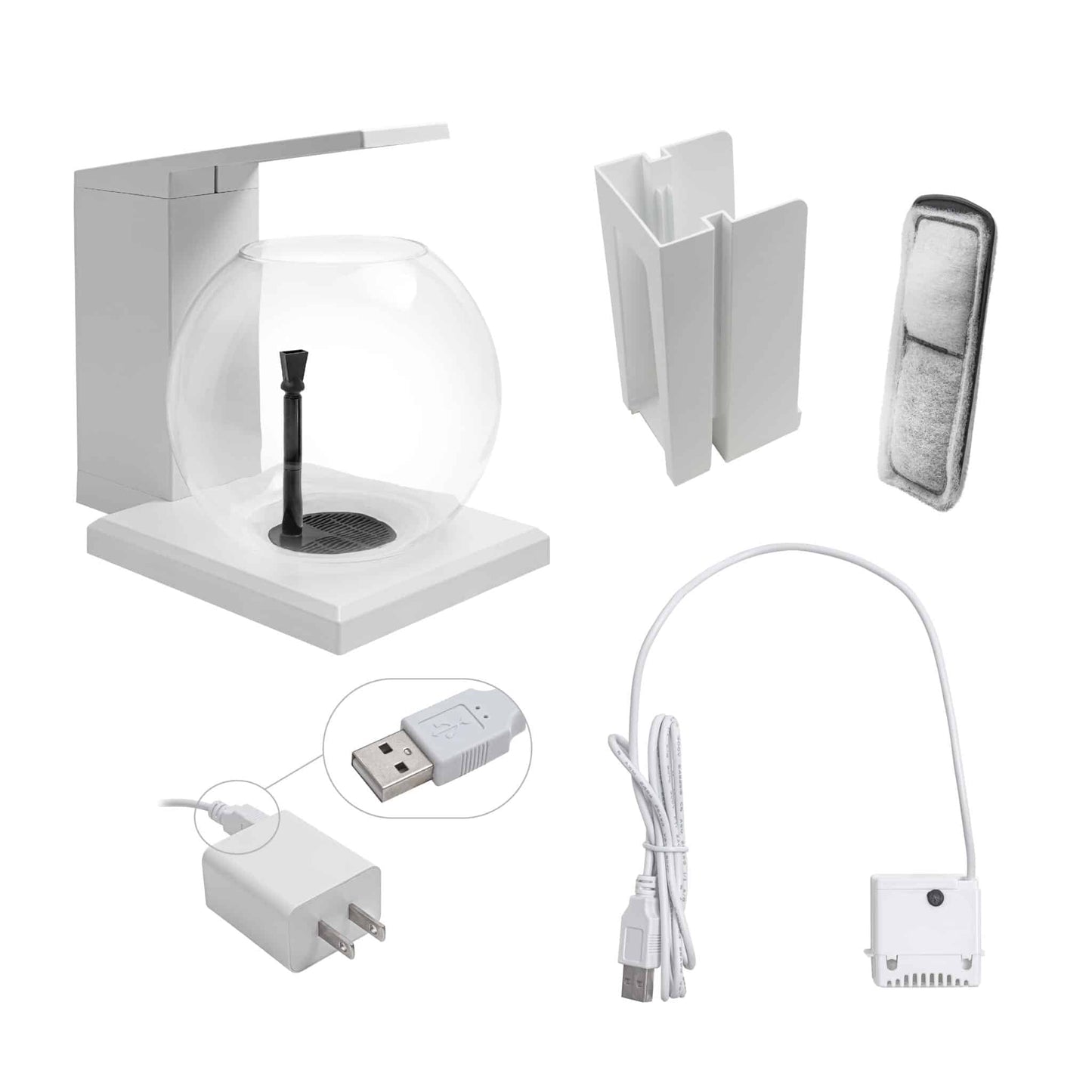 Fluval Liv white components: base with pump, glass bowl, filter cartridges, LED arm, and USB power adapter