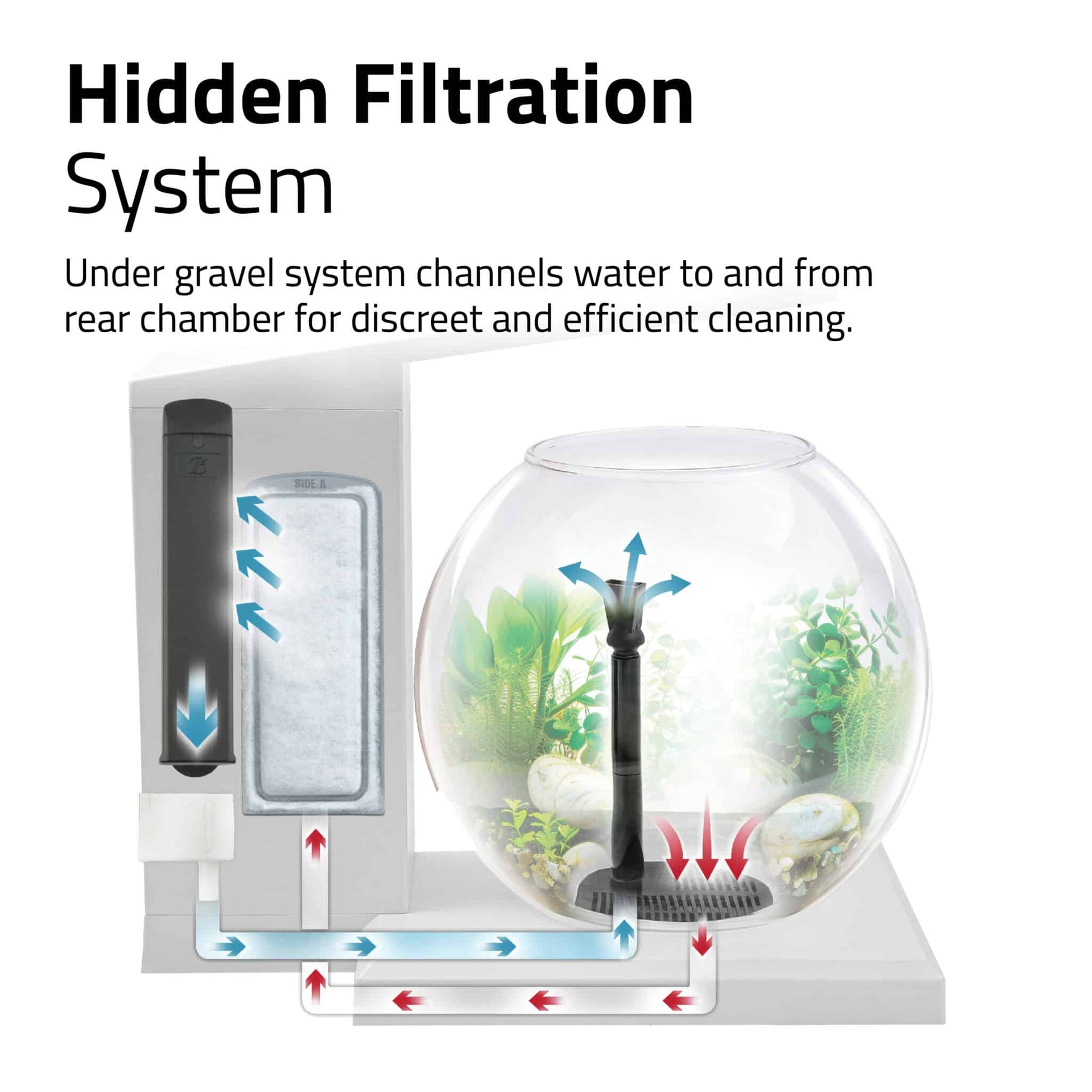 Fluval Liv hidden filtration diagram, an under-gravel system channels water to a rear chamber