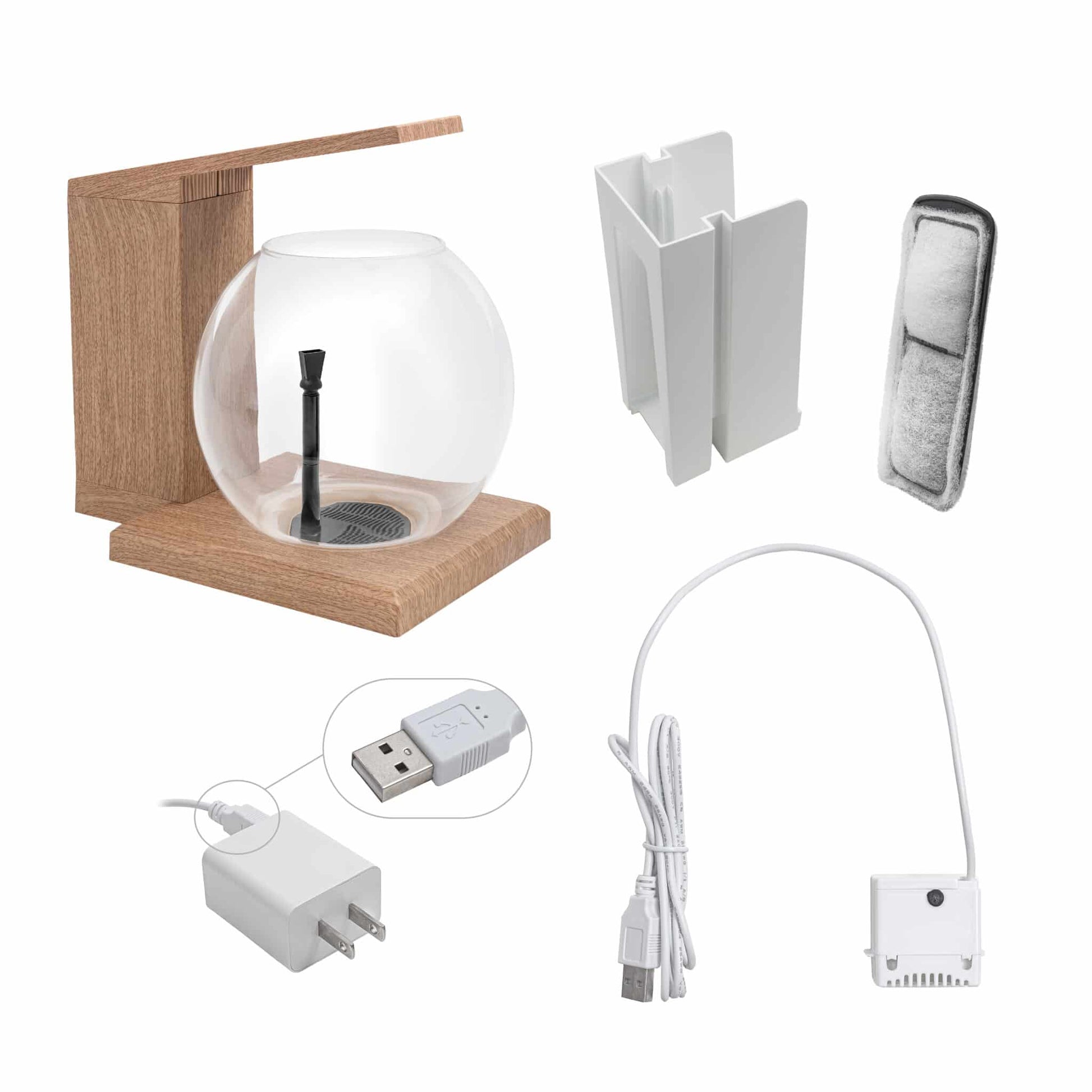 Fluval Liv teak components: base with pump, glass bowl, filter cartridges, LED arm, and USB power adapter