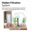 Fluval Liv hidden filtration diagram with teak base, under-gravel system channels water to a rear chamber