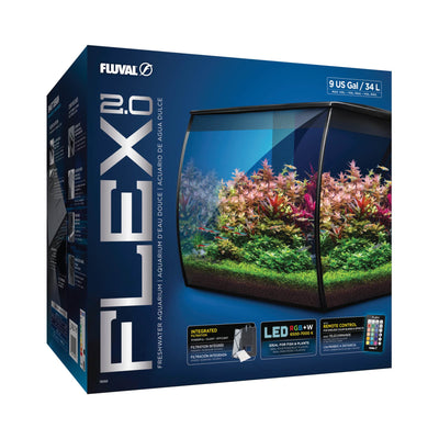 Fluval Flex 2.0 9 gallon aquarium kit retail box showing the planted curved-front tank, integrated filtration, and RGB plus white LED with remote