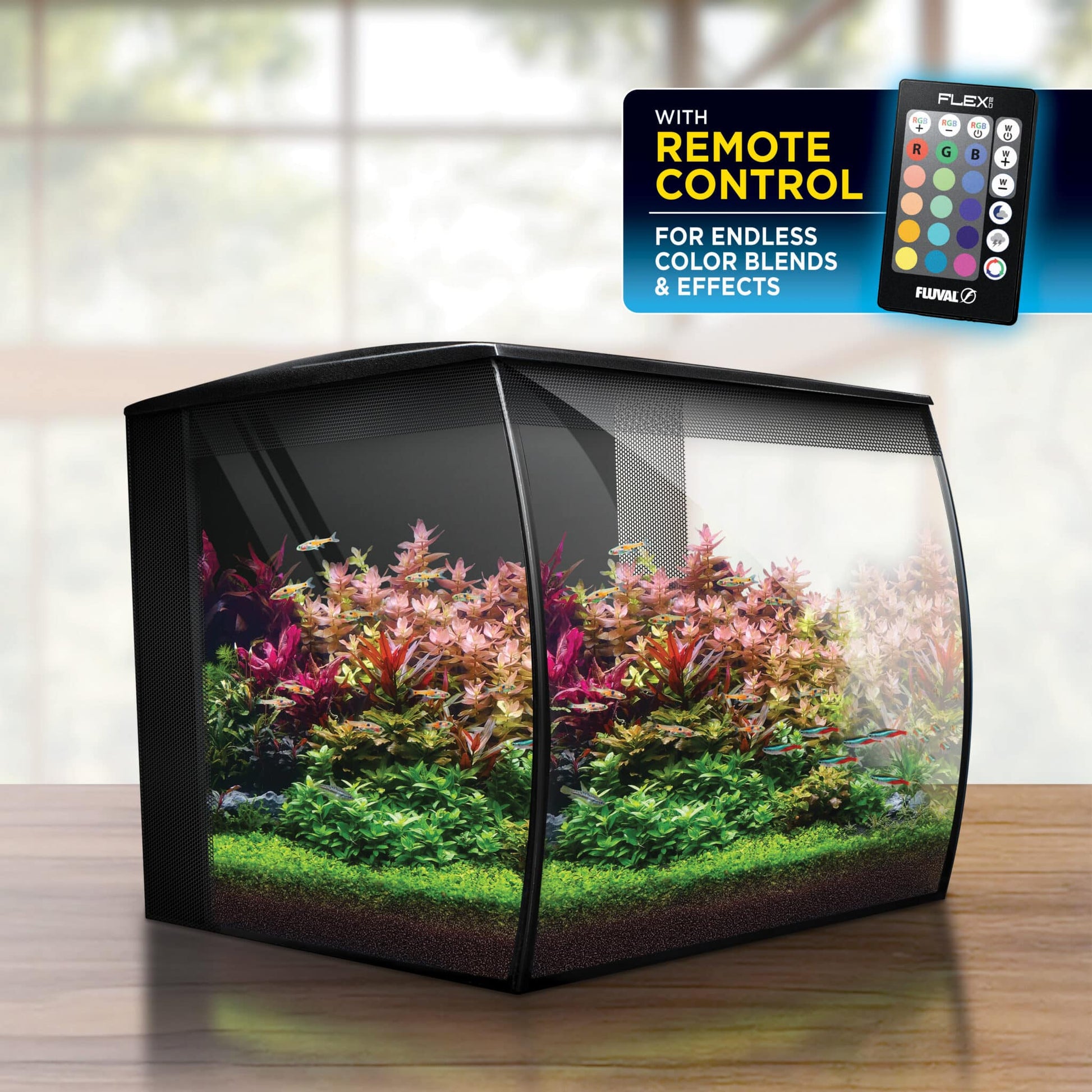 Fluval Flex 2.0 planted aquarium with the wireless remote control that sets RGB and white LED color blends and effects