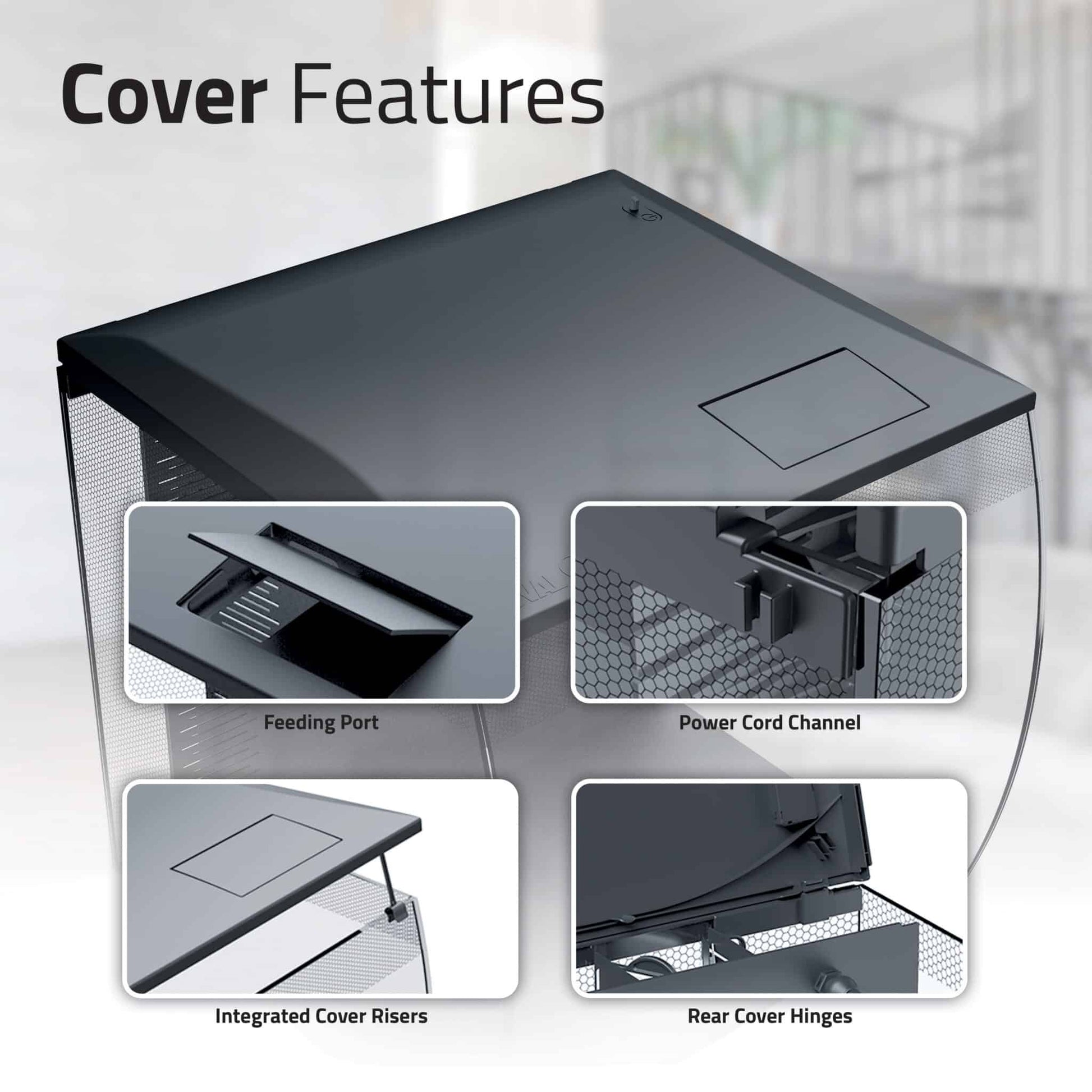 Fluval Flex 2.0 cover features panel showing the feeding port, power cord channel, integrated cover risers, and rear cover hinges