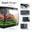 Fluval Flex 2.0 Smart Design panel showing honeycomb print, curved glass, dual output nozzles, spray bar, silent pump, and integrated heater channel