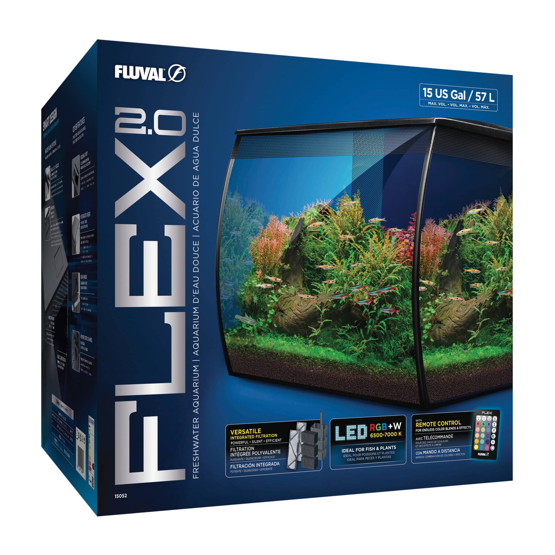 Fluval Flex 2.0 15 gallon aquarium kit retail box showing the planted curved-front tank, integrated filtration, and RGB plus white LED with remote