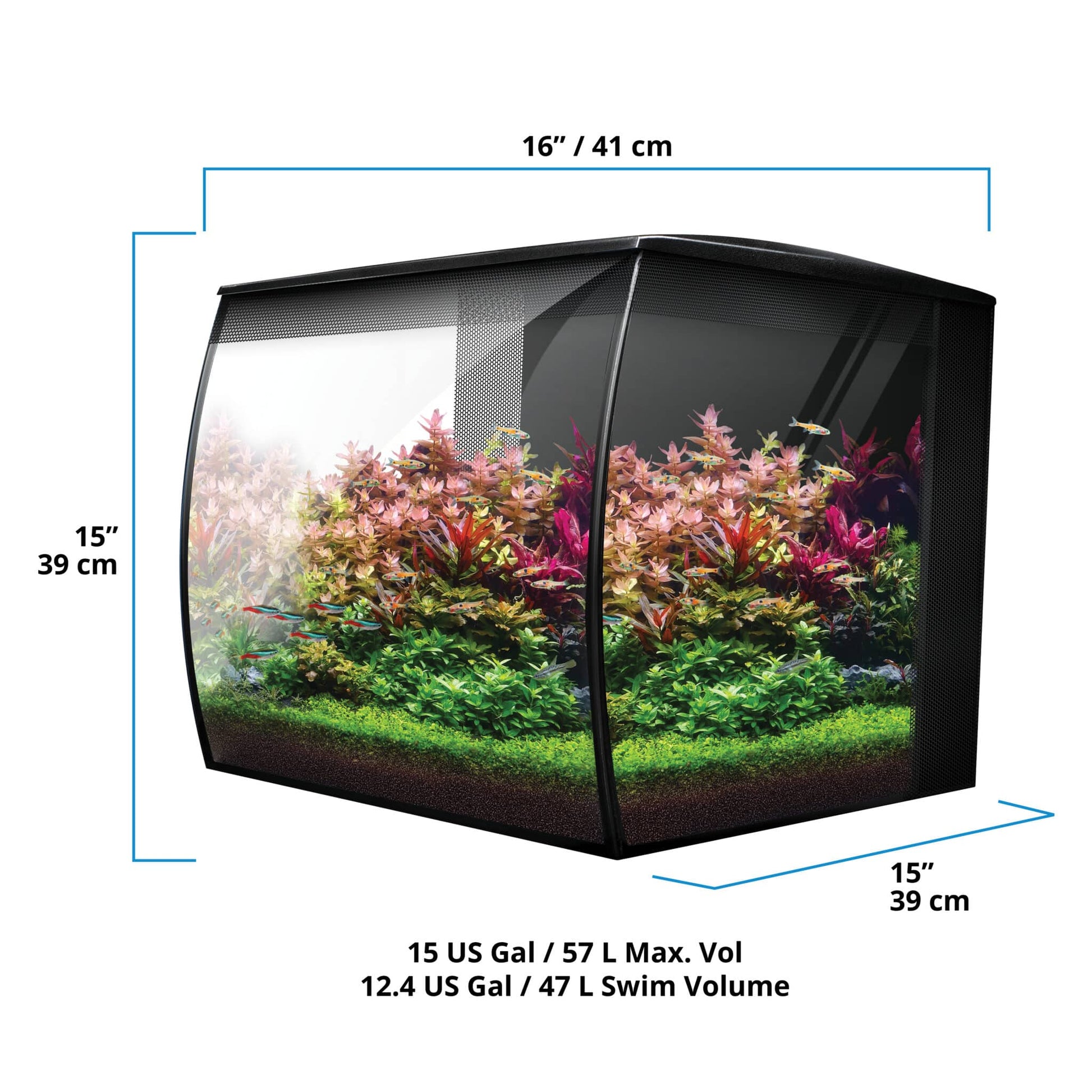Fluval Flex 2.0 15 gallon dimensions diagram, 16 by 15 by 15 inches, 15 US gallon max volume and 12.4 gallon swim volume