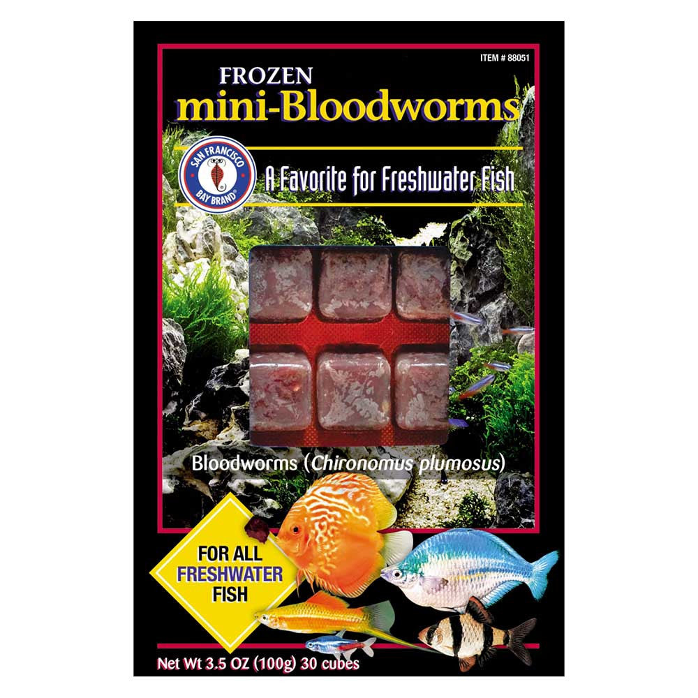 SFBB Frozen Mini-Bloodworms box, frozen bloodworm cubes for freshwater fish, 3.5 oz