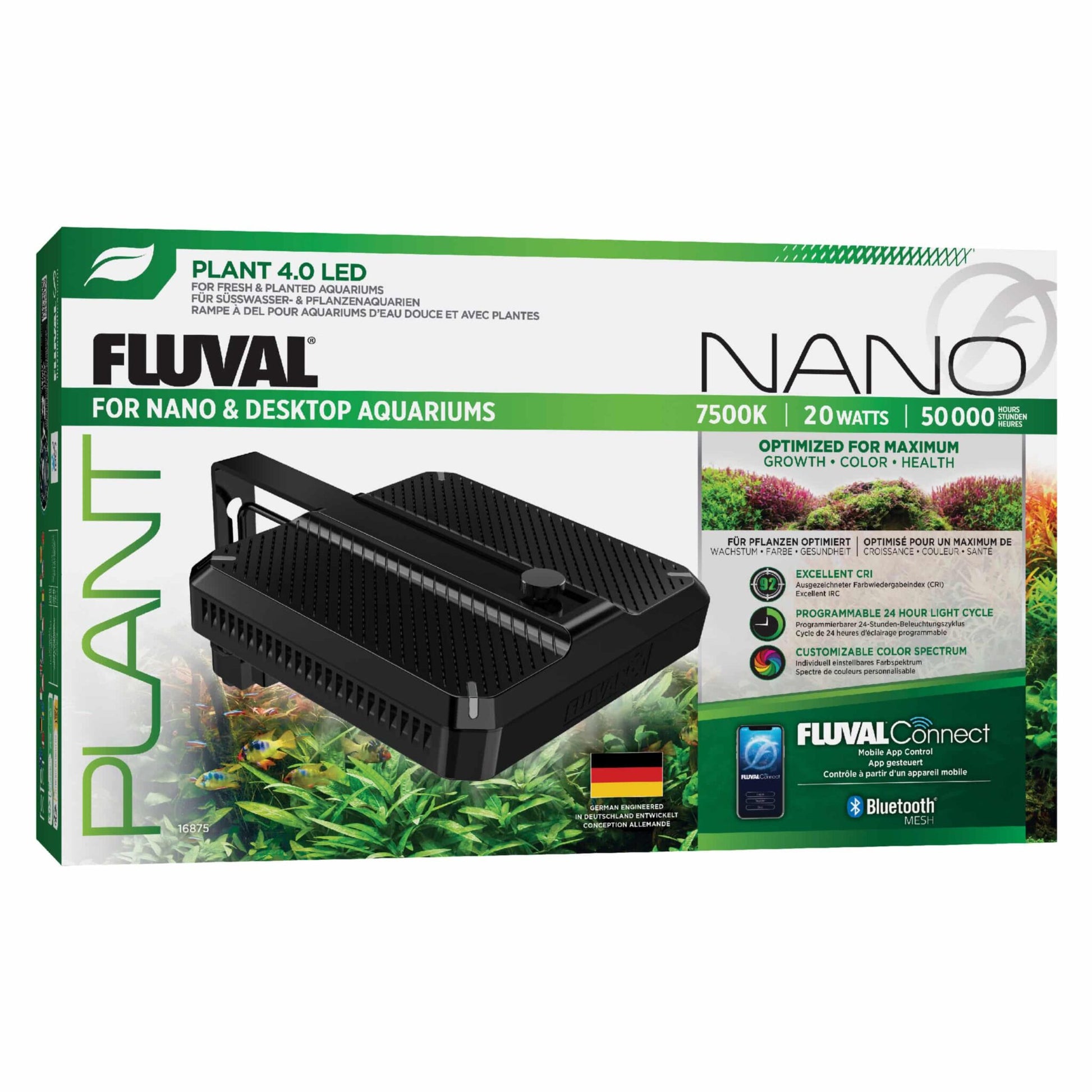 Fluval Plant 4.0 Nano LED box, a 20W 7500K Bluetooth planted-aquarium LED for nano and desktop freshwater tanks