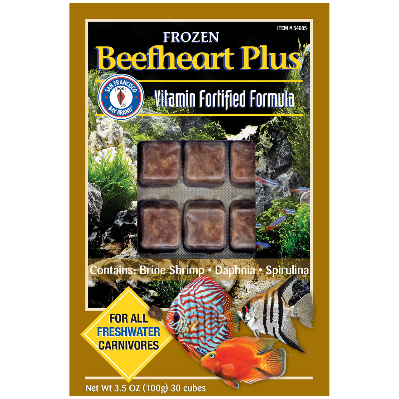 San Francisco Bay Brand Beefheart Plus frozen food, 3.5 oz 30-cube vitamin-fortified beef heart blend with brine shrimp, daphnia, and spirulina for freshwater discus and cichlids