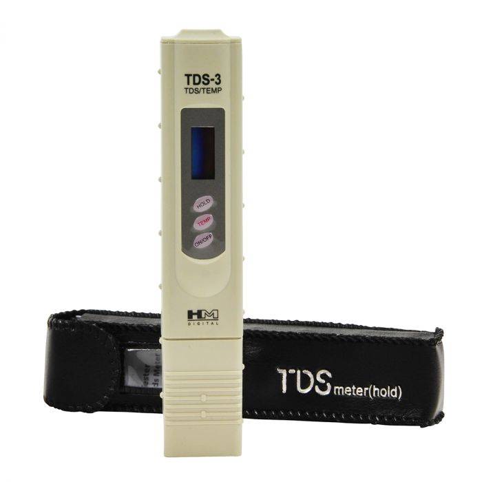 HM Digital TDS-3 handheld TDS meter with its black vinyl carrying case