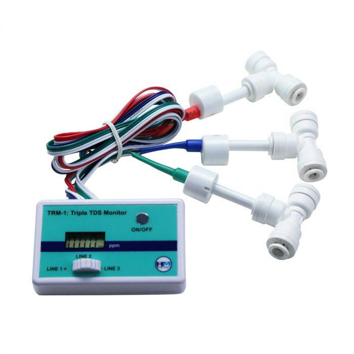 HM Digital TRM-1 triple inline TDS meter with three sensors and digital display