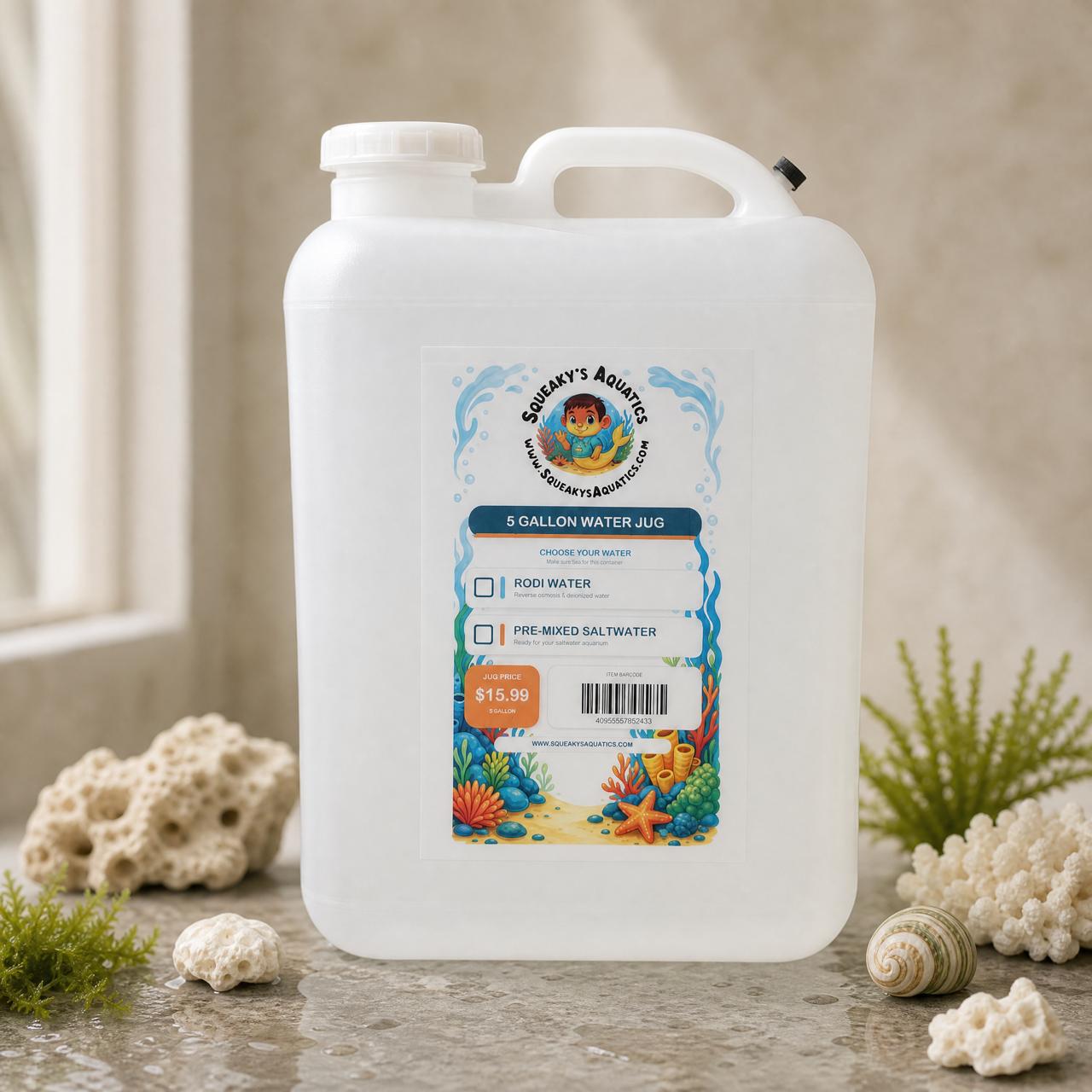Squeaky's Aquatics 5 Gallon Water Jug with RODI and pre-mixed saltwater refill options