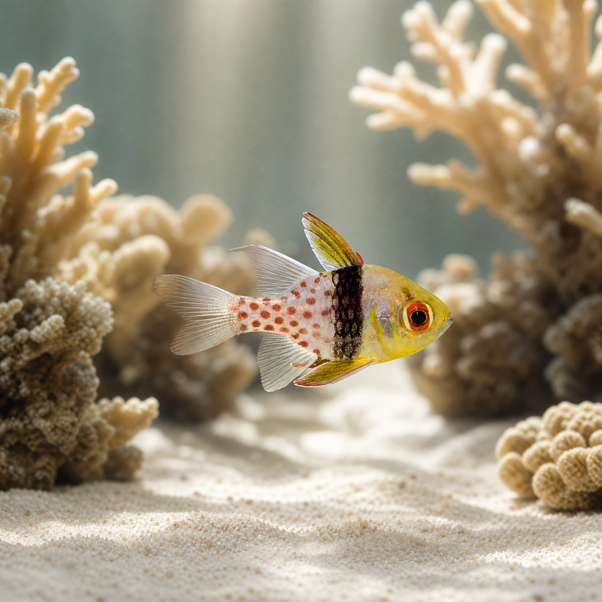 Pajama Cardinalfish (Sphaeramia nematoptera) saltwater reef fish with yellow face, black bar and polka dot body