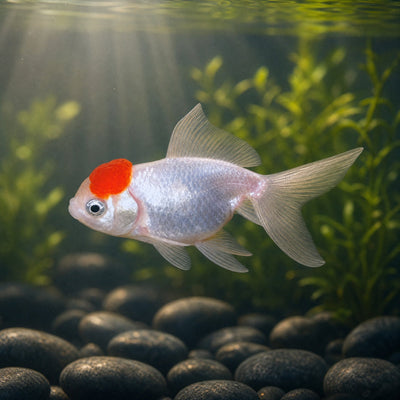 Red Cap Oranda Goldfish (Carassius auratus) fancy goldfish with snow white body and cherry red wen cap
