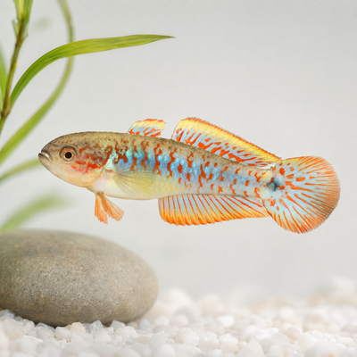 Peacock Gudgeon (Tateurndina ocellicauda) freshwater fish with red bars, yellow edged fins and caudal eyespot