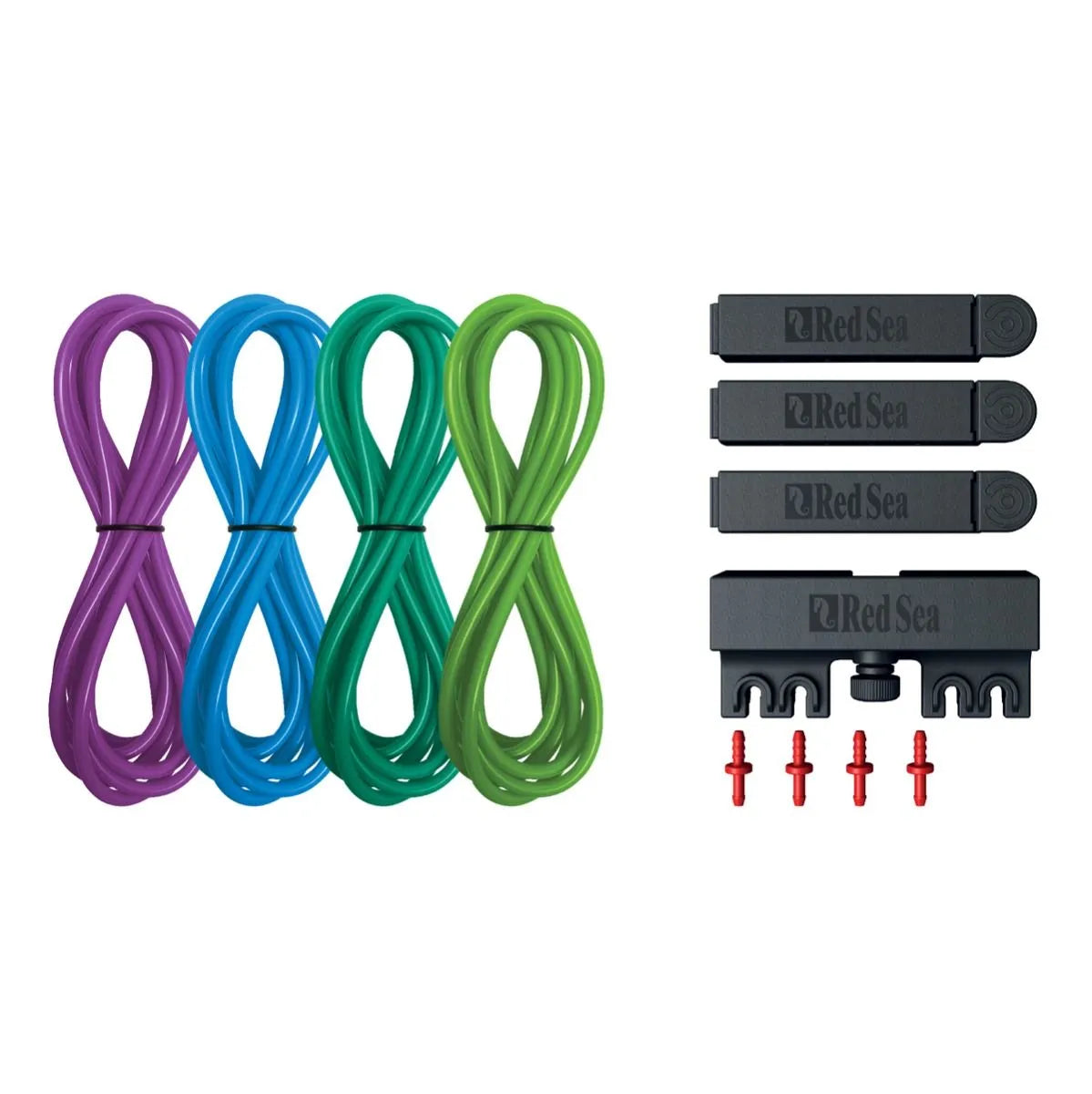 Set of colorful cables and black connectors with 'Red Sea' branding on a white background