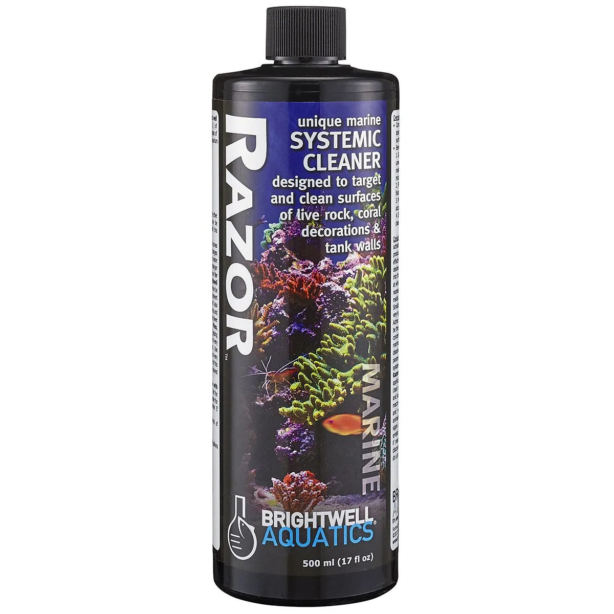 Brightwell Razor Marine 500 ml systemic cleaner bottle with reef aquarium label