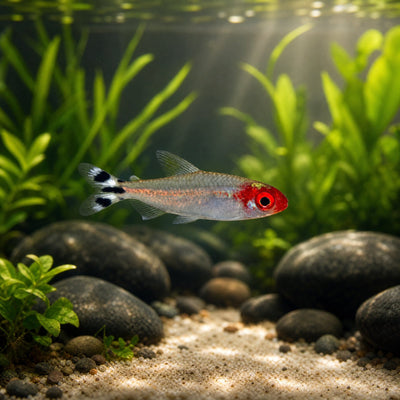 Tank Raised Rummynose Tetra (Hemigrammus bleheri) freshwater schooling fish with red nose and checkered tail
