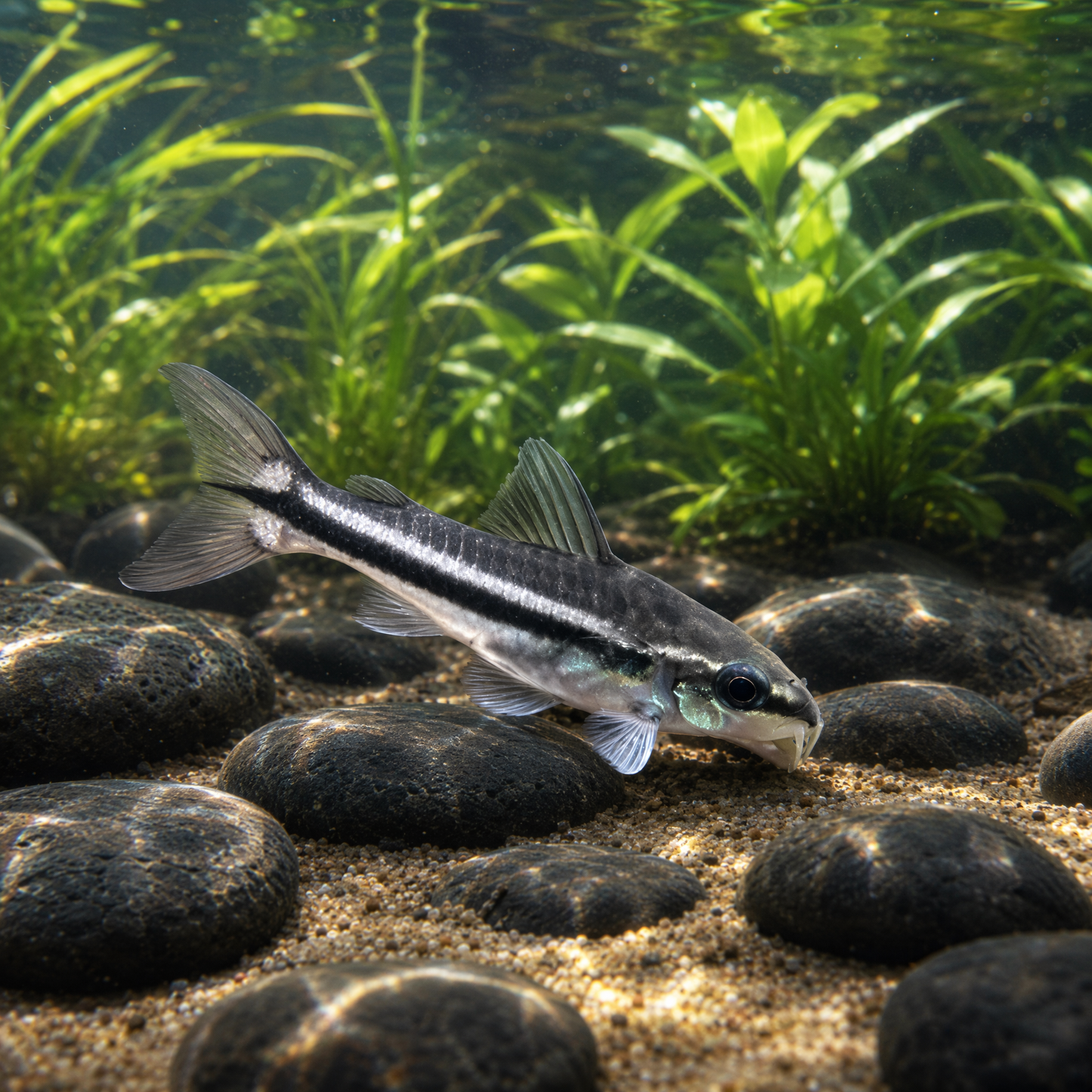 Pygmy Cory (Corydoras pygmaeus) freshwater nano catfish with black lateral stripe over sand