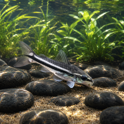 Pygmy Cory (Corydoras pygmaeus) freshwater nano catfish with black lateral stripe over sand