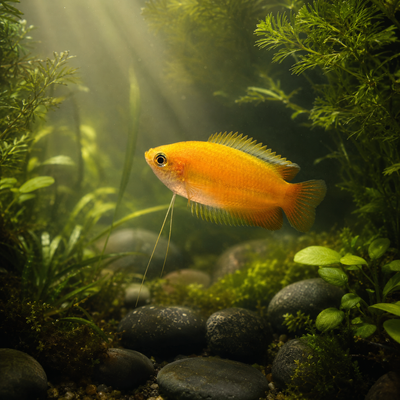 Honey Gourami (Trichogaster chuna) golden freshwater fish with long thread-like pelvic fins in a planted tank