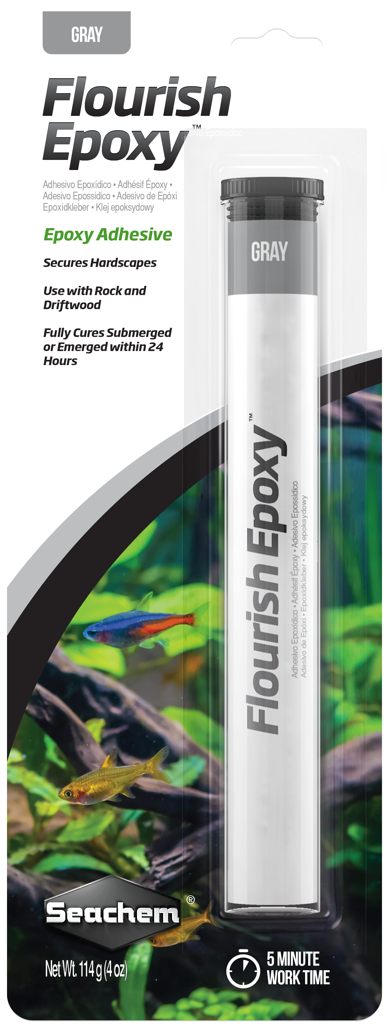 Seachem Flourish Epoxy Grey packaging, two-part aquarium putty adhesive for hardscape