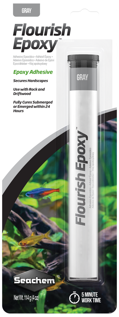 Seachem Flourish Epoxy Grey packaging, two-part aquarium putty adhesive for hardscape